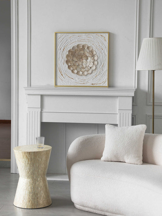 Luxury 3D Wall Art, Square Gold-Frame Decorative Painting for Living Room, Entryway & Bedroom – Modern Pearl Flower Artwork