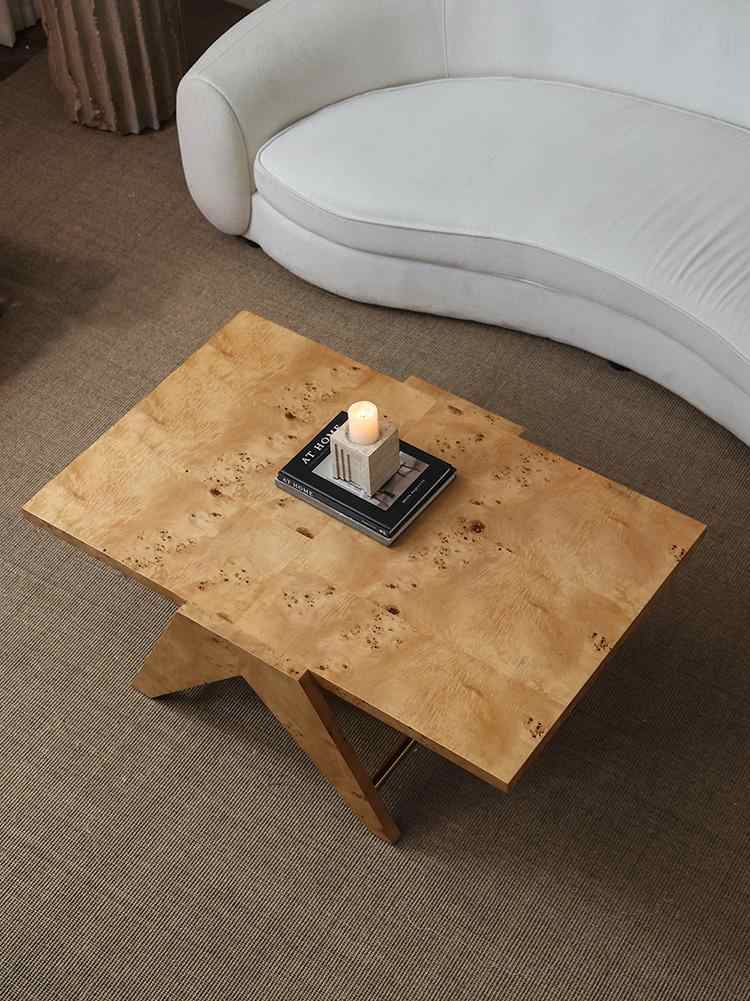 Golden Burl Wood Coffee Table – Chandigarh Style Designer Rectangular Low Table, Natural Tree Burr Grain Living Room Coffee Table, Mid-Century Modern Furniture