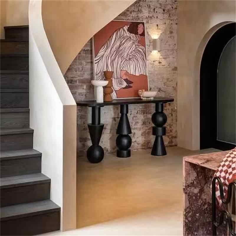 Vintage Solid Wood Sculptural Black Console Table, Modern Designer Entryway Table, Minimalist Artistic Foyer Sofa Back Accent