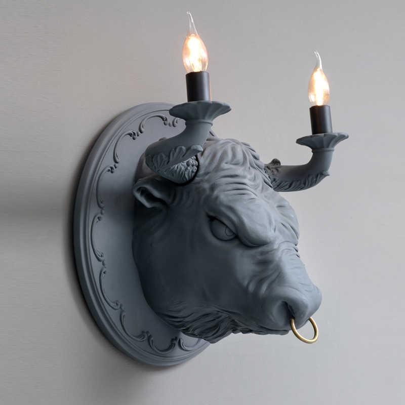 Animal Bull Head Wall Lamp, Creative Resin Designer Sconce for Living Room, Dining, Bedroom, Study Accent Lighting