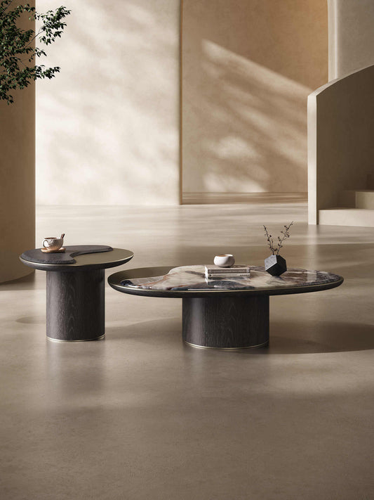 Luxury Modern Coffee Table Set, Minimalist Marble & Wood Grain Design for Small Spaces, Contemporary Living Room Furniture