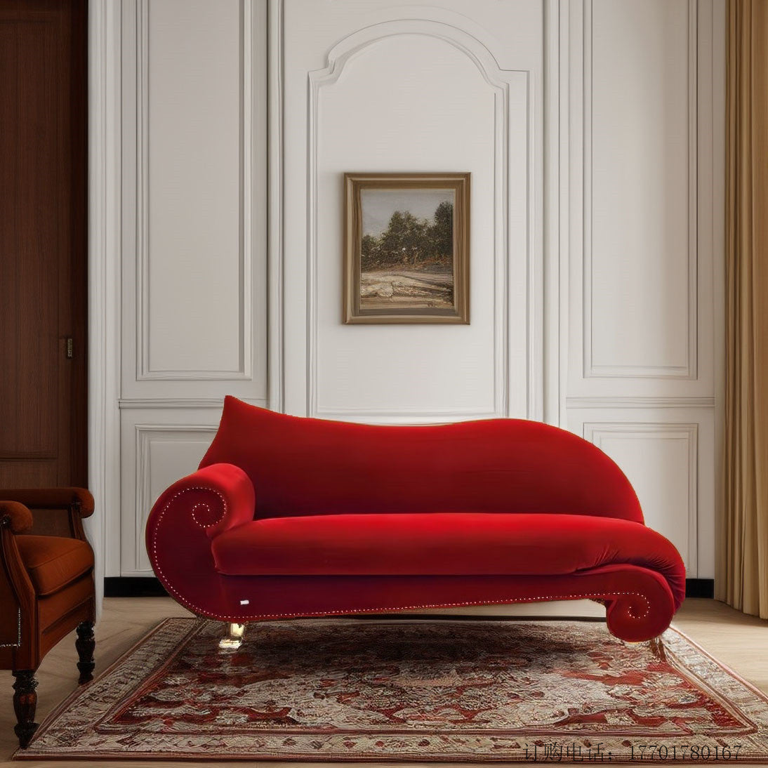 French Vintage Arc Velvet Chaise Lounge – Classic Curved Burgundy Velvet Sofa with Rolled Arms and Nailhead Trim, Designer Statement Furniture