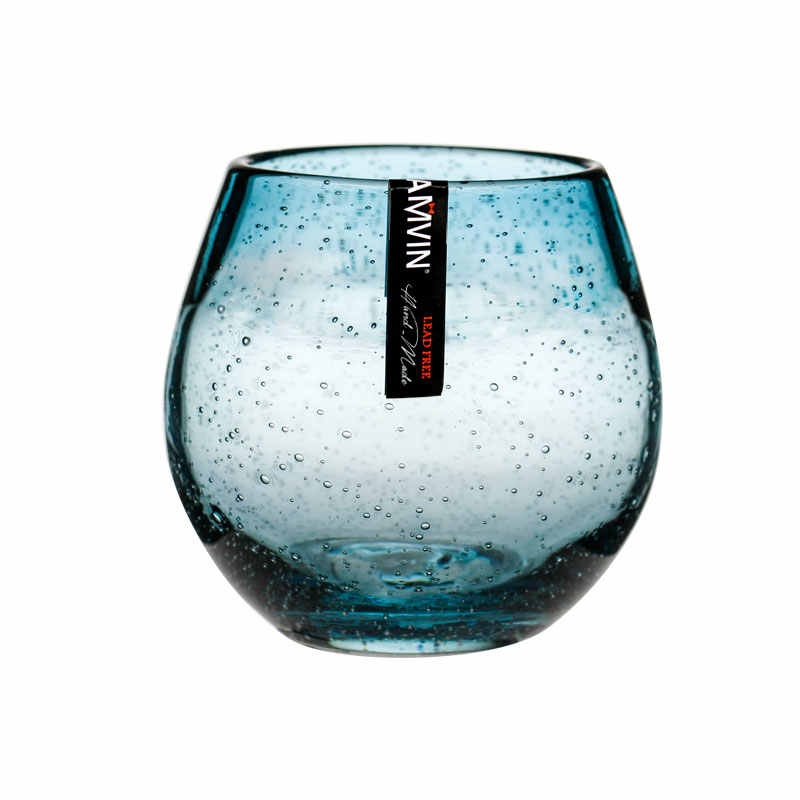 Handmade Teal Bubble Whiskey Glass Set of 2 – 330ml Artistic Crystal Tumbler, Unique Firenze Style with Wood Gift Box, Lead-Free Bar Glassware