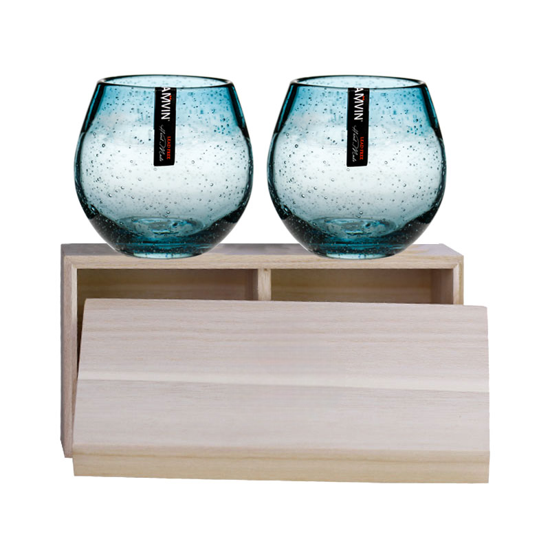 Handmade Teal Bubble Whiskey Glass Set of 2 – 330ml Artistic Crystal Tumbler, Unique Firenze Style with Wood Gift Box, Lead-Free Bar Glassware
