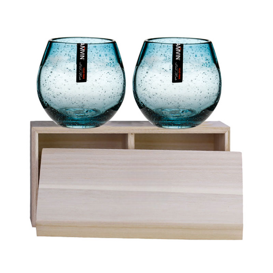 Handmade Teal Bubble Whiskey Glass Set of 2 – 330ml Artistic Crystal Tumbler, Unique Firenze Style with Wood Gift Box, Lead-Free Bar Glassware