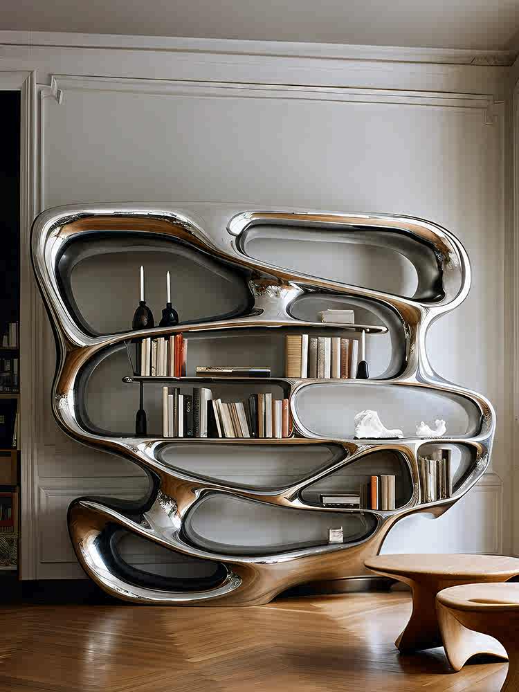 KASKOM Designer Flowing Chrome Steel Bookshelf with Organic Curves, Modern Art Sculptural Storage Unit for Study Room