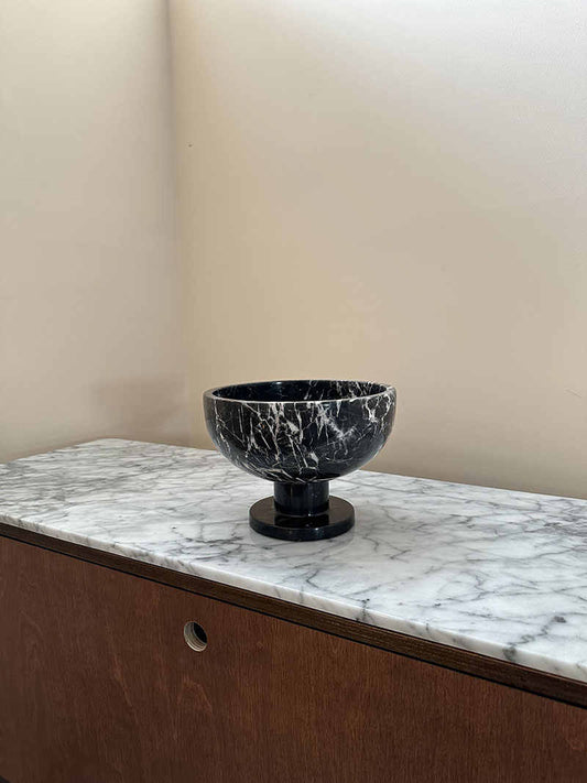 Black Marble Fruit Bowl with Pedestal Base – Designer Luxury Home Decor for Villa Showrooms & Sales Centers