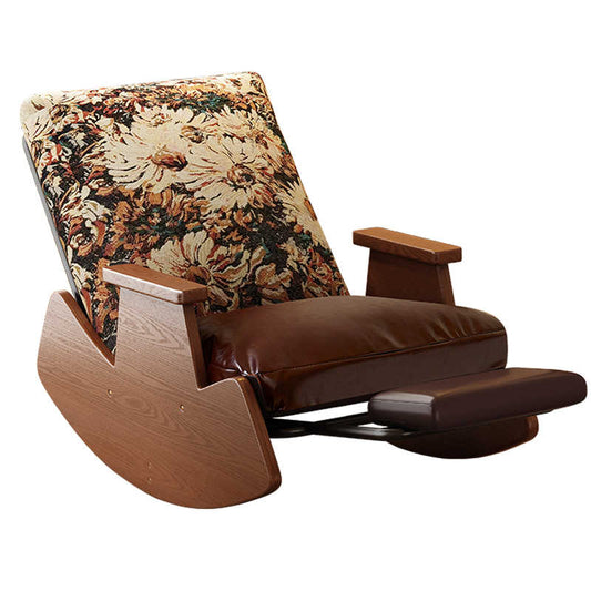 Vintage Solid Wood Rocking Lounge Chair, Walnut Frame, Brown Cushion, Sunflower Pattern Backrest, Single Sofa Recliner for Balcony & Living Room