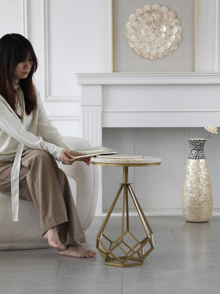Minimalist Natural Yellow Travertine Marble Side Table, Luxury Geometric Gold Metal Accent Table for Living Room & Sofa