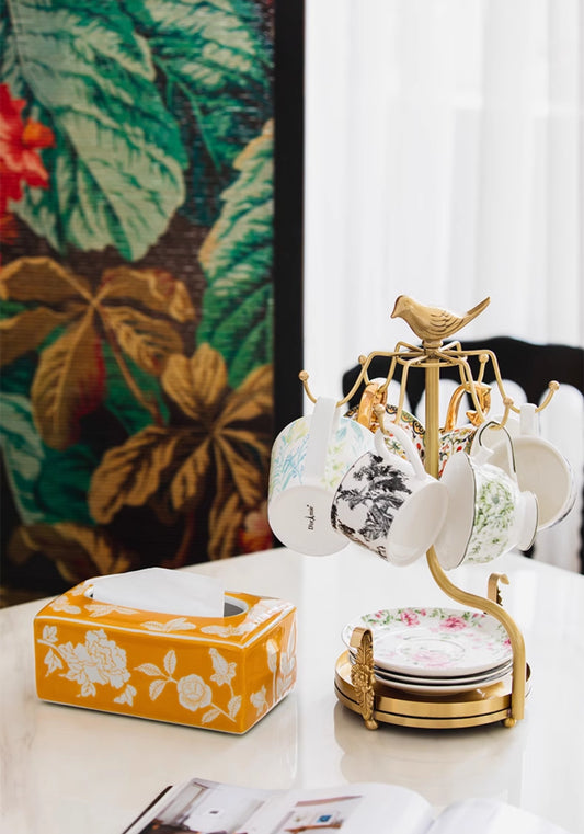 Yellow Floral Ceramic Tissue Box, Decorative Vintage Napkin Holder for Living Room, Dining Table, Tea Table, Butterfly Blossom