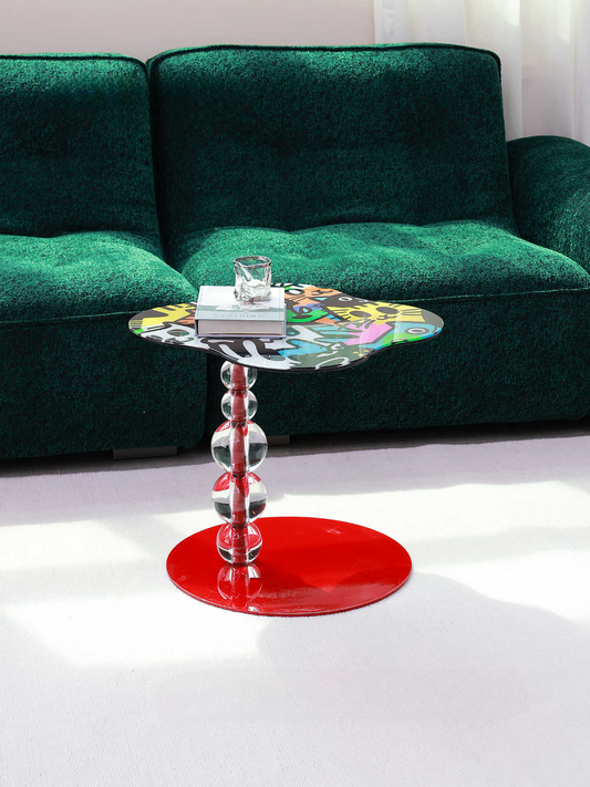 Dopamine Graffiti Glass Side Table, Artistic Modern Sofa End Table with Bold Patterned Top for Living Room or Balcony