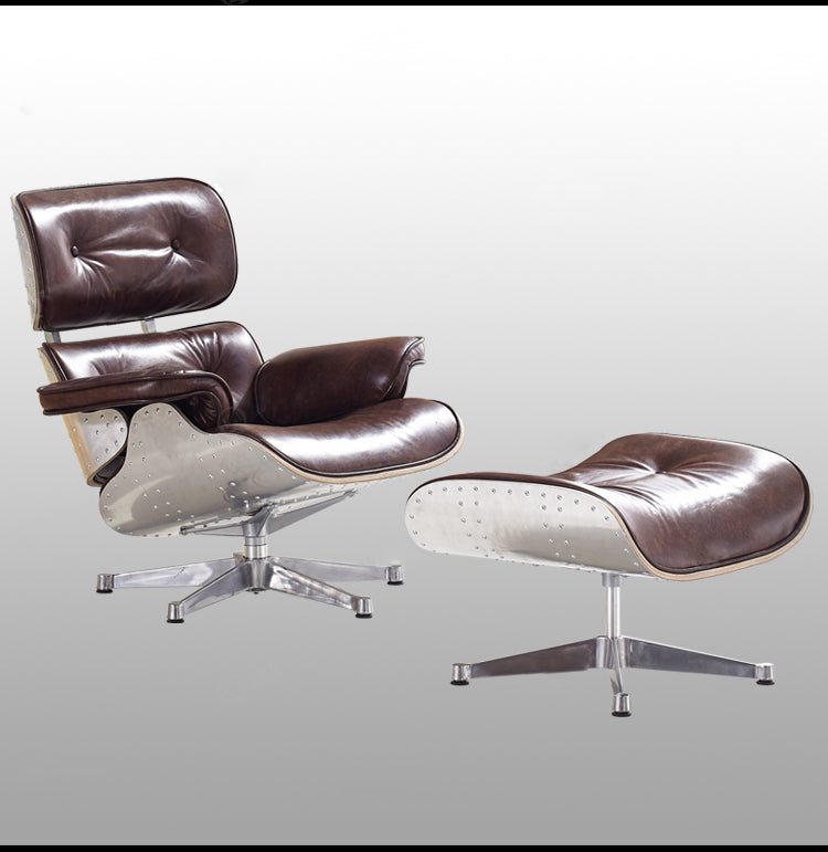 Industrial Eames Style Aluminum Rivet Lounge Chair & Ottoman Set – Designer Vintage Leather Recliner with 360° Swivel Base
