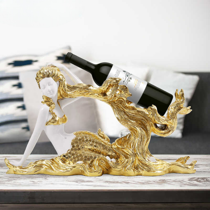 Luxury Gold Mermaid Wine Rack – Artistic Resin Decorative Holder for Living Room, TV Cabinet, or Bar Decor