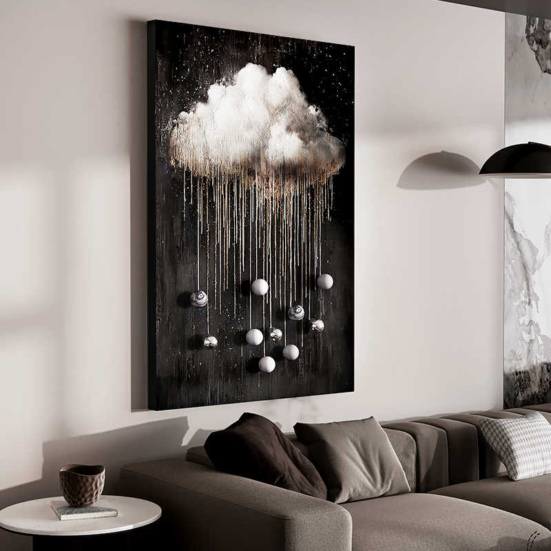 Luxury Black Abstract Cloud Wall Art – Modern Living Room Decorative Painting, Textured Entrance Hallway Sofa Backdrop Matte Micro-Spray, Aluminum Frame