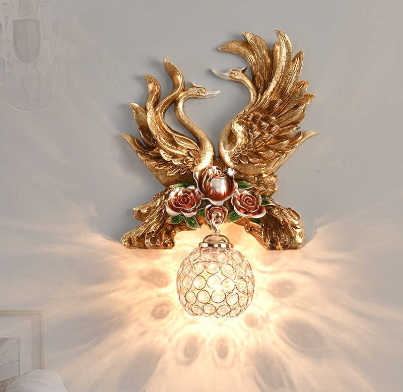 Gold Swan Wall Sconce Set – Luxury Handcrafted Resin and Crystal Wired Wall Lamps for Living Room, Bedroom, and Accent Walls
