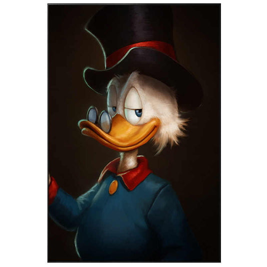 Hand-Painted Scrooge Duck Oil Painting, Large Cartoon Animal Modern Wall Art, Entryway, Living Room & Bedroom Decorative Panel, Black Aluminum Frame