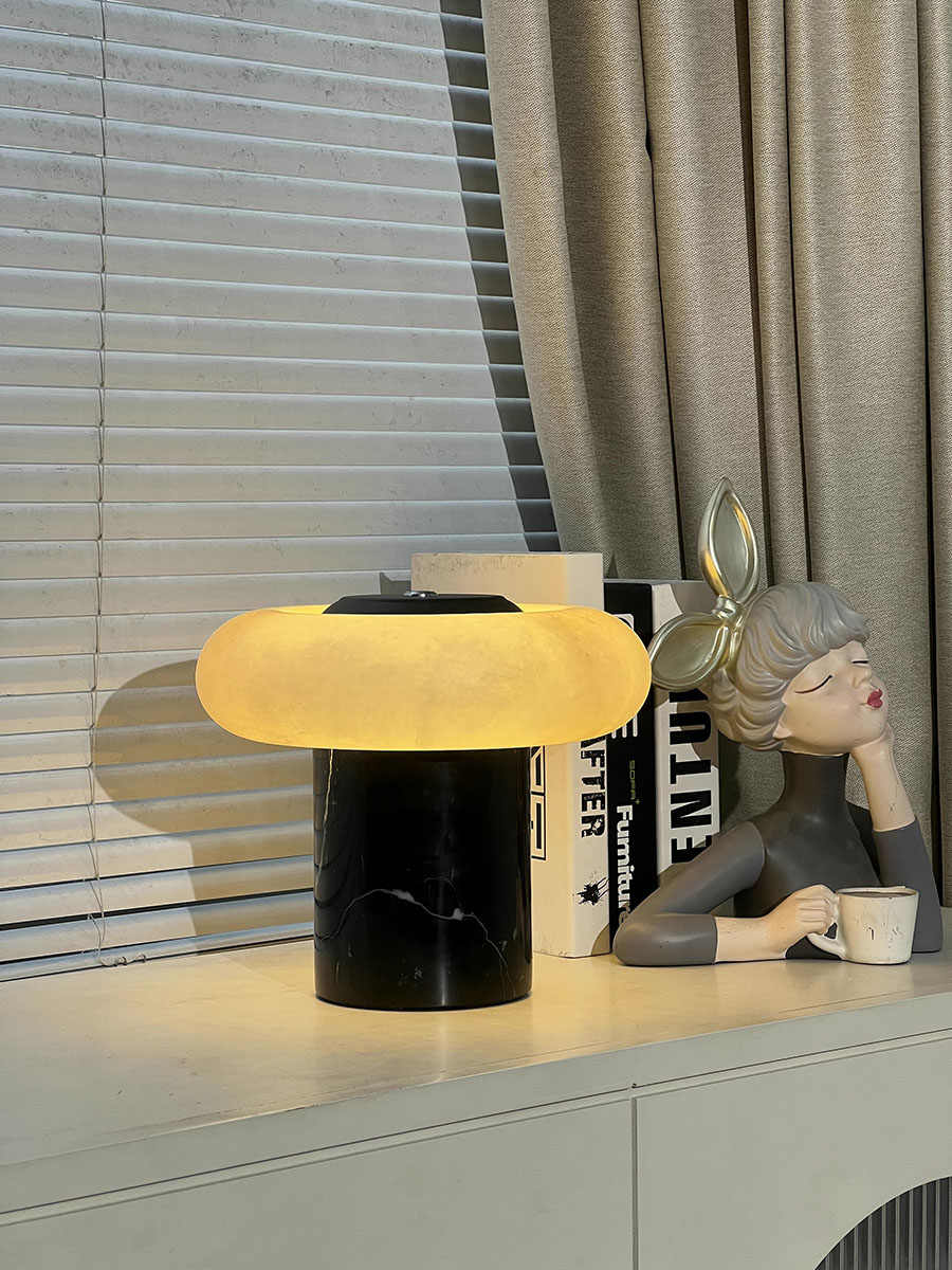 Designer Alabaster Touch Table Lamp, Portable Marble Nightstand Ambient Light, Cream-Style Luxury Minimalist Bedside Lighting