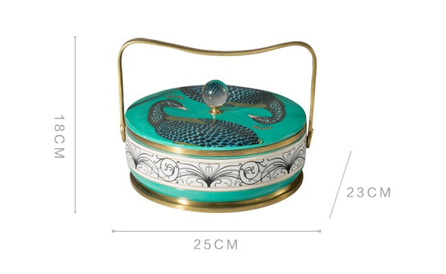 Peacock Porcelain Storage Box with Brass Handle – Decorative Lidded Trinket Organizer for Tabletop and Home Accents