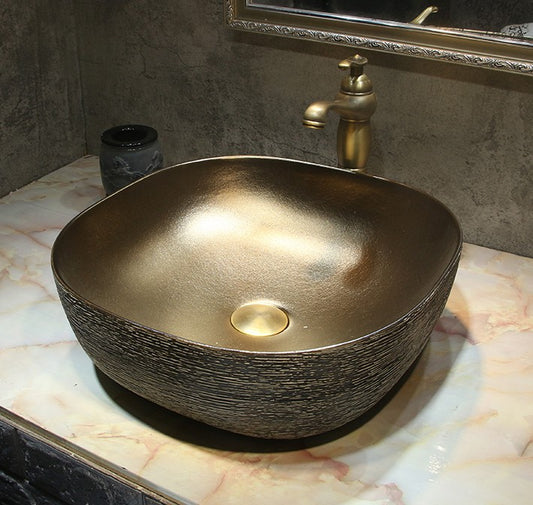 Luxury Gold Square Ceramic Wash Basin – Modern Art Vessel Sink for Hotel, Bathroom, Home Countertop