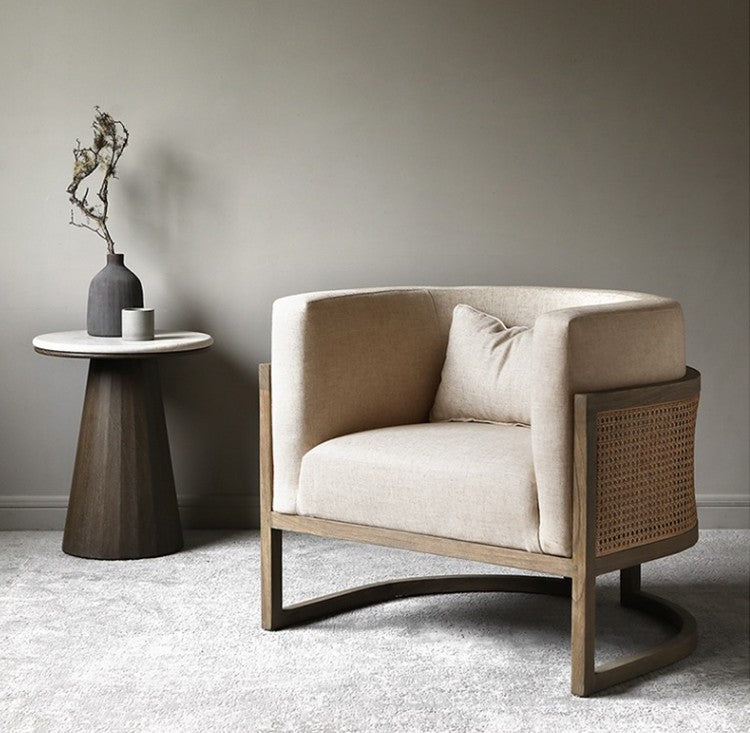 Modern Rattan Accent Chair, Solid Wood Lounge Armchair with Linen Upholstery, Minimalist Living Room and Balcony Reading Chair (Natural Oak)