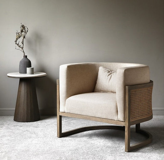 Modern Rattan Accent Chair, Solid Wood Lounge Armchair with Linen Upholstery, Minimalist Living Room and Balcony Reading Chair (Natural Oak)