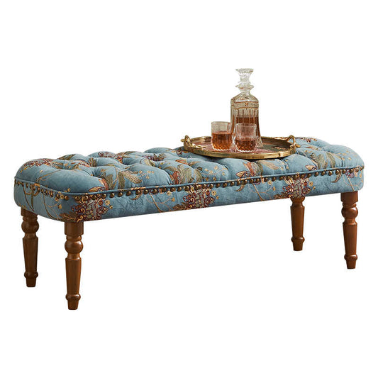 American Tufted Floral Bench with Turned Wood Legs, European Style Upholstered Ottoman for Bedroom & Entryway