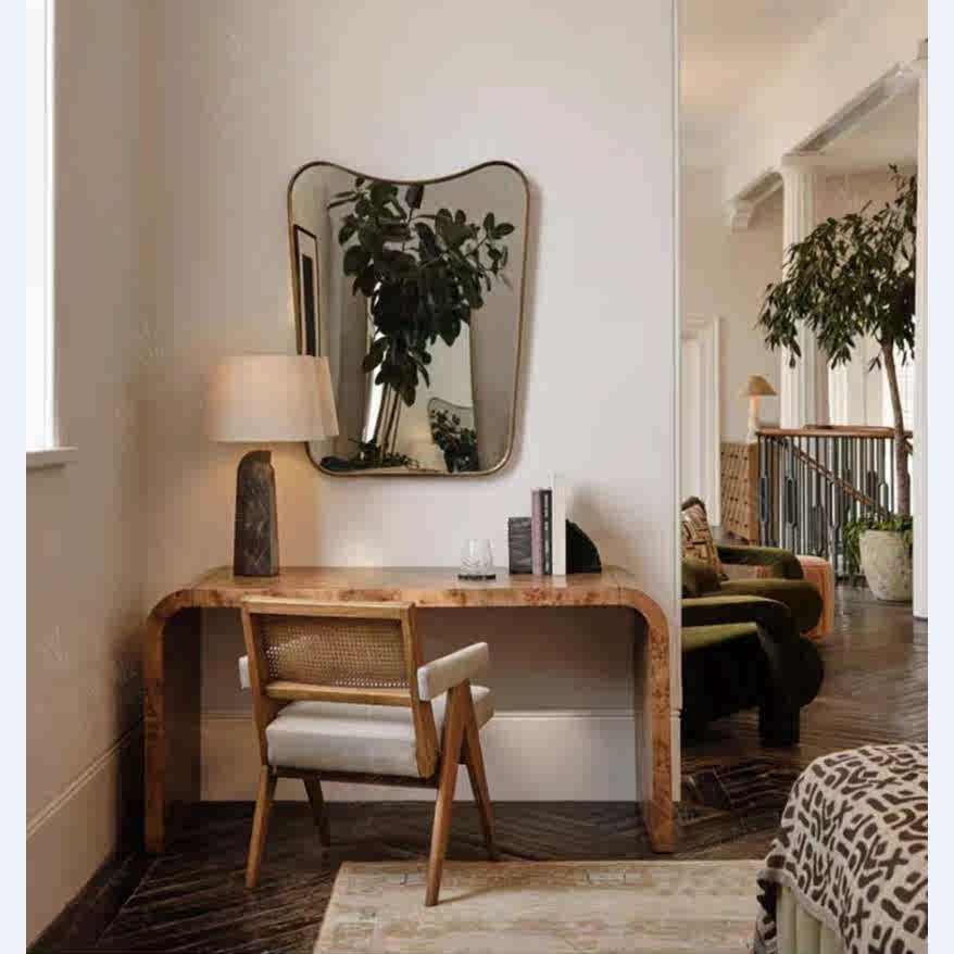 Luxury Burl Wood Console Table with Curved Waterfall Design, French Vintage Style Entryway Table for Hotels & B&Bs, Natural Wood Grain Hall Display Table,