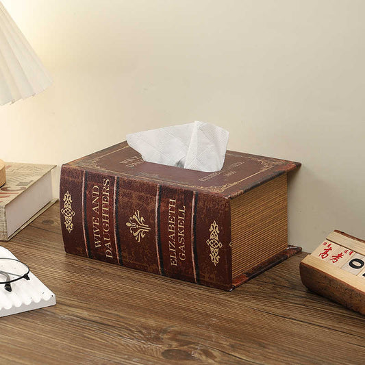 Vintage Style Wooden Book Tissue Box, High-End Decorative Napkin Dispenser with Spring Mechanism, Classic Literature Design for Living Room & Bedroom