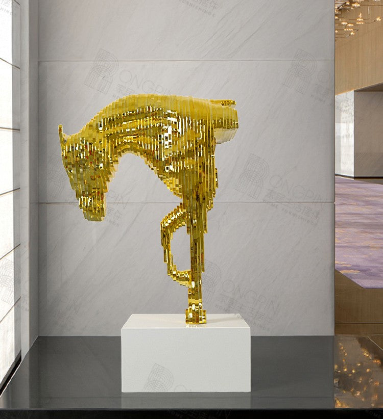 Modern Gold Pixel Horse Head Sculpture, Large Creative Art Decor for Hotel Lobby, Showroom & Entrance Display, Premium Designer Statement Piece