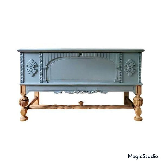 Light Luxury Blue Entryway Sideboard – Villa Entry Cabinet, Solid Wood Accent Buffet, Neoclassical Carved Storage Sideboard