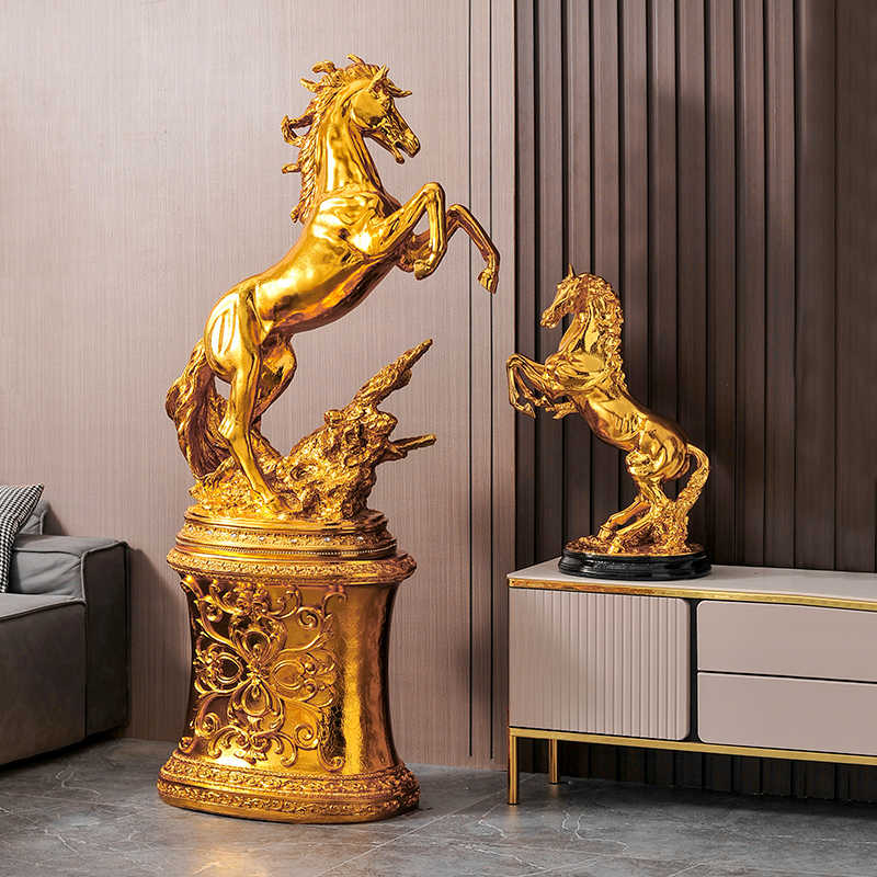Oversized Gold Rearing Horse Sculpture with Ornate Pedestal – Luxury Resin Decor, Grand Hotel Lobby and Living Room Statement Gift