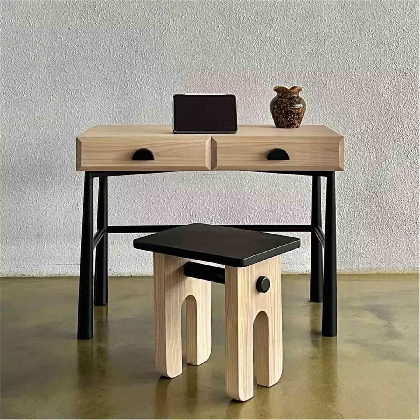 Retro Solid Wood Designer Vanity Desk, Minimalist Vintage Dressing Table with Double Drawer, Bedroom Makeup Console