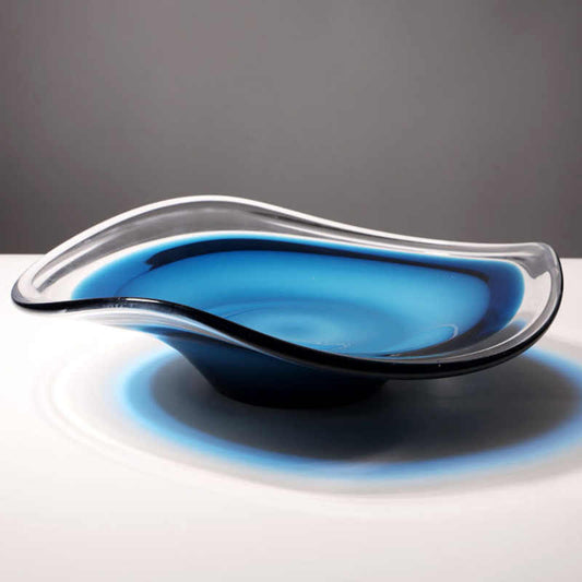 Modern Minimalist Blue Art Glass Fruit Bowl, Contemporary Organic Wave Design Serving Dish for Living Room Dining Table, Large Crystal Centerpiece