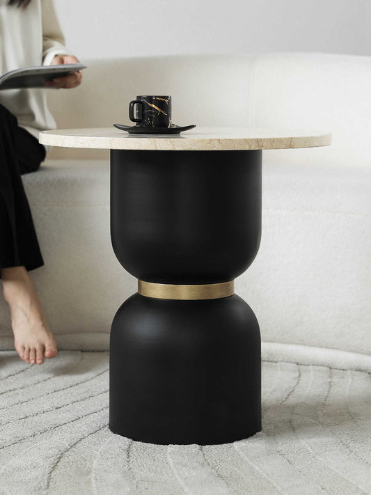 Modern Marble Side Table, Round Beige Stone & Black Gold Metal Accent Table for Living Room, Sofa & Bedroom