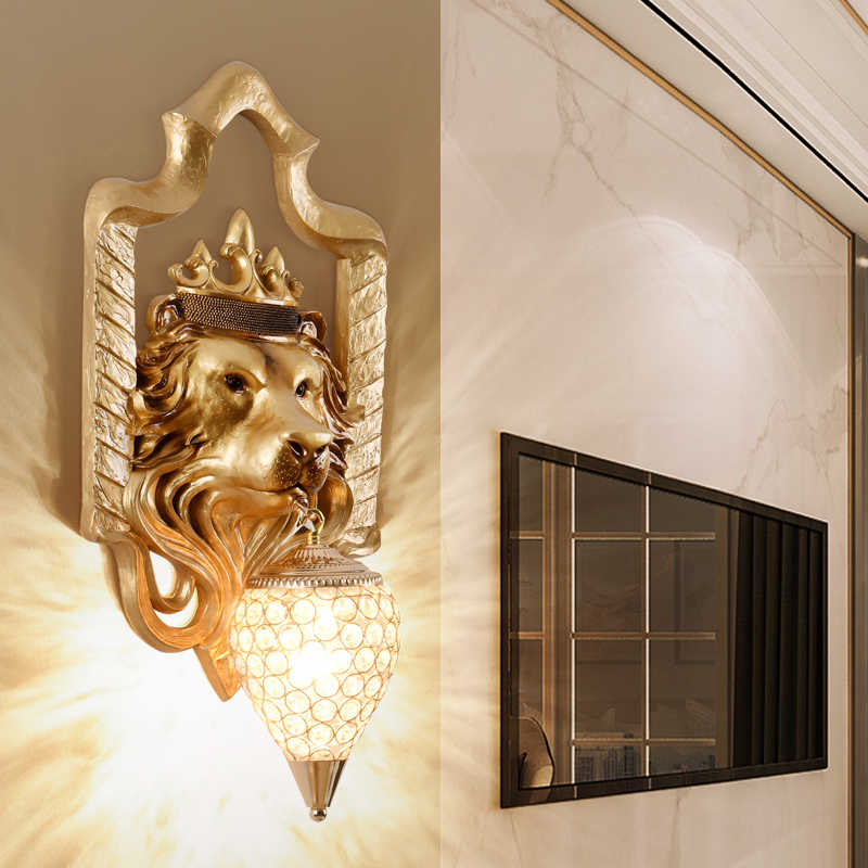 Creative Lion Head Wall Lamp, Southeast Asian & Luxury Resin Crystal Sconce, Living Room/Bar/Accent Light