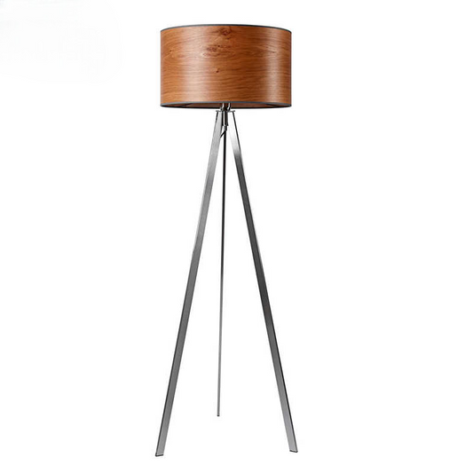 Modern Minimalist Tripod Floor Lamp with Natural Wood Grain Shade, Contemporary Metal Standing Light for Living Room and Bedroom Decor