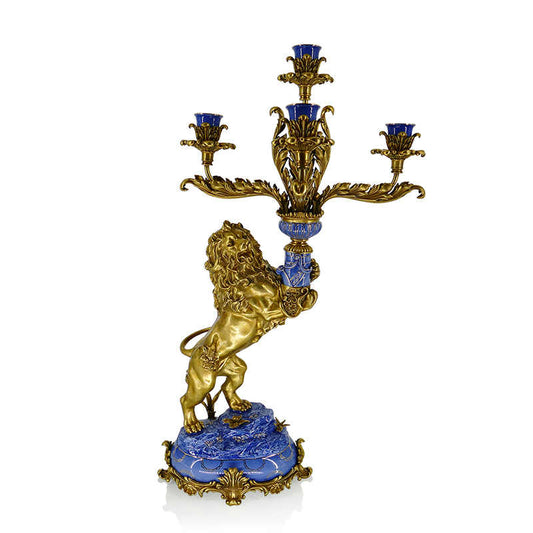 Luxury Blue Porcelain Brass Lion Candelabra – Villa Entrance Candle Holder Centerpiece