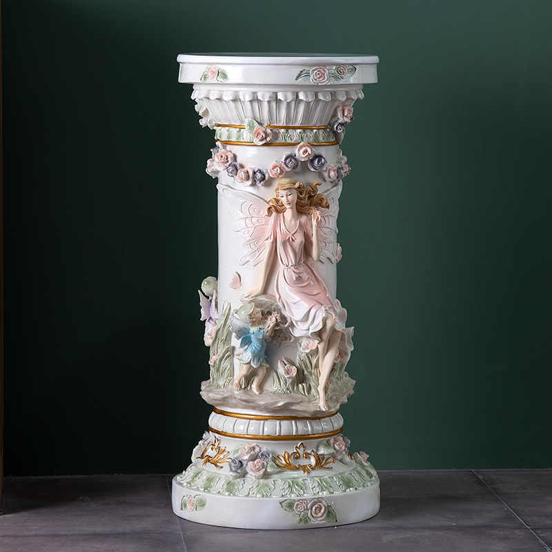 Ornate European Angel Decorative Column Pedestal, Hand-Painted Porcelain Roman Pillar Plant Stand with Floral Details, Luxury Home Display Sculpture