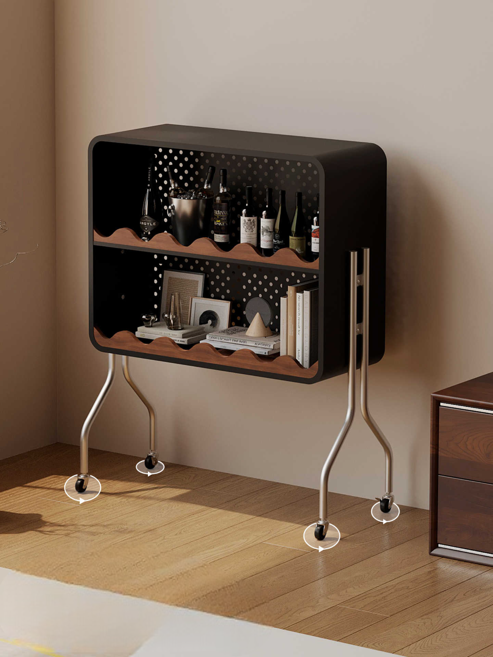 Modern Black Iron Bookshelf with Wheels, Mobile Industrial Display Storage Rack for Living Room, Bedroom, Office