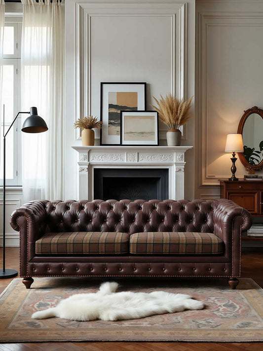 Vintage Chesterfield Leather Sofa – Retro Luxury 3-Seater Couch for Living Room, Club, or Villa, Plaid Cushion
