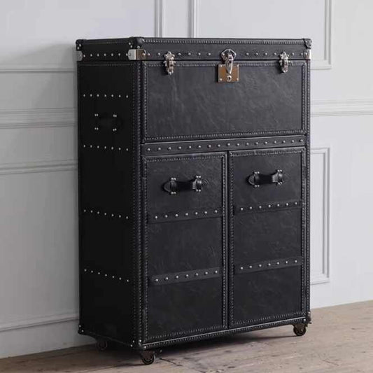 Vintage Industrial Steamer Trunk Bar Cabinet – American LOFT Style Leather-Wrapped Liquor Storage with Mirror Interior, Mobile Entertainment Console