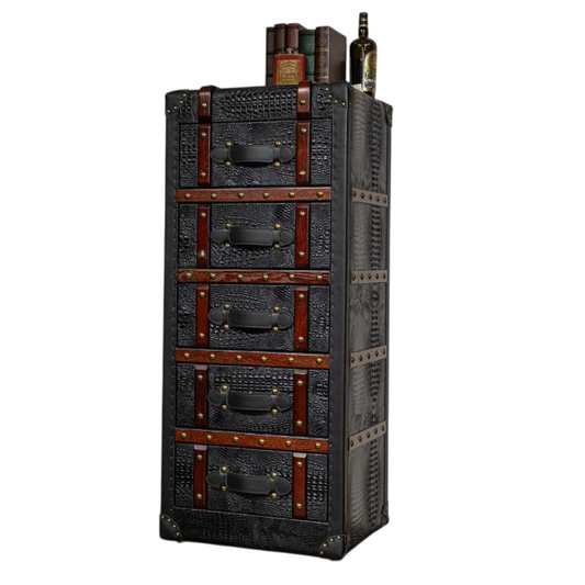 Vintage Crocodile Embossed Leather Tall Storage Cabinet, 5 Drawer Accent Chest with Nailhead Trim and Strap Details, Luxury Entryway Console Cabinet for Living Room, Bedroom, Hallway, Cigar Lounge, Office Decor