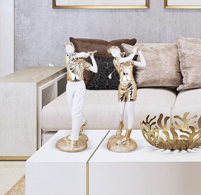 Luxury Rose Gold Golf Player Sculpture Set – Elegant Male and Female Resin Figurines for Modern Home, Office, or Bar Décor