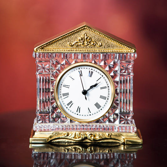 Vintage Crystal Glass Mantel Clock with Roman Numerals, Mini Classic Decorative Tabletop Timepiece Gold Trim