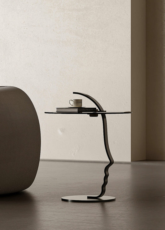 Designer Glass Side Table, Modern Minimalist Sculptural Accent Table for Small Spaces, Creative Curved Design