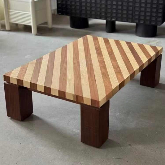 Mid-Century Modern Striped Solid Wood Coffee Table – Artistic Retro Style Table for Living Room