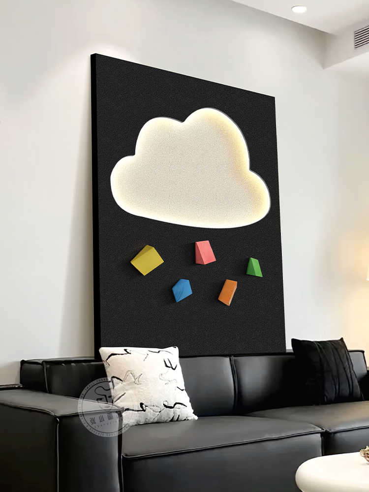 New Minimalist LED 3D Wall Art – “Rainbow Cloud” Black & White Sofa Backdrop, Sandstone Relief Lighted Mural