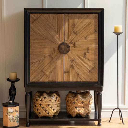 French Nordic Vintage Solid Wood Rattan Bar Cabinet – Tall Entrance Storage Sideboard, Handmade Luxury Liquor Display Cabinet, Retro Decorative Accent Organizer