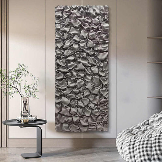 Modern Tall Grey Leather Abstract Wall Art, Large Vertical 3D Relief Panel, Minimalist Designer Statement for Foyer or Living Room