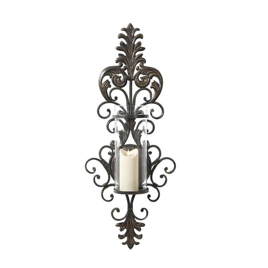 Vintage Wrought Iron Wall Candle Sconce – Large Ornate Scrollwork Glass Hurricane Holder, Classic Romantic Wall Decor